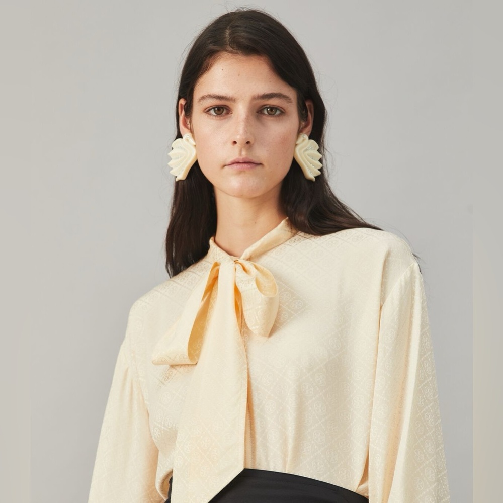 NWT $478 Tory Burch Satin Jacquard Bow Silk Blouse Top - Picture 3 of 6